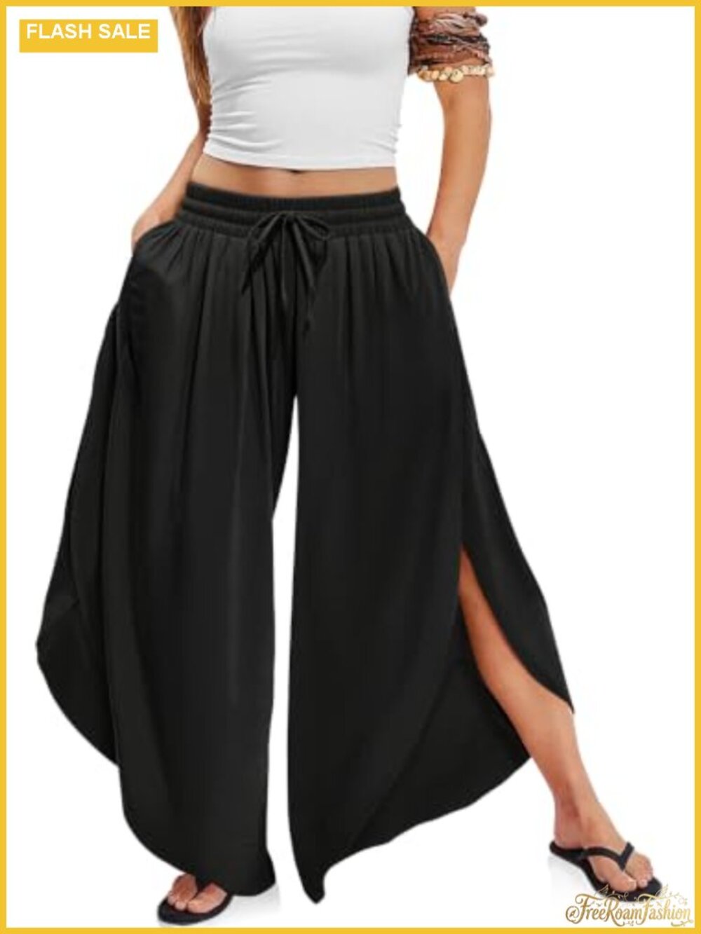 Linen Wide Leg Pants with Side Slit Hem Palazzo Casual Boho